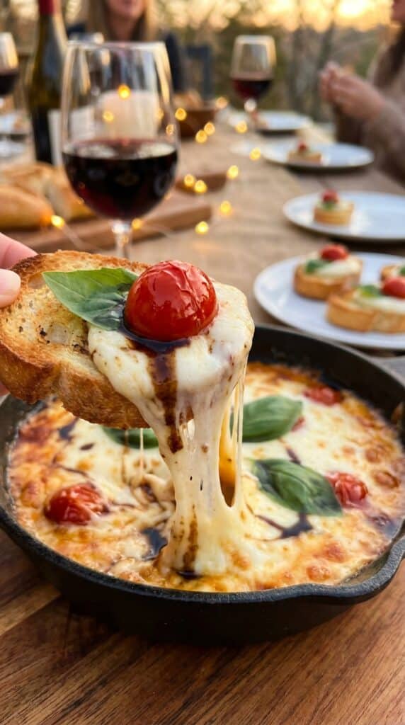 A close-up of a piece of toasted bread dipping into a hot Caprese dip, creating a gooey cheese pull with a tomato and basil on top.