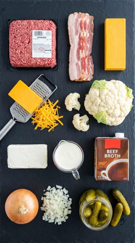 A flat lay showing ground beef, bacon, cheddar cheese, cauliflower, cream cheese, heavy cream, beef broth, and pickles on a slate board.