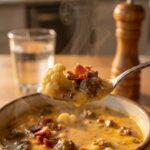 A close-up of a spoon lifting a hearty bite of hot, creamy cheeseburger soup with steam rising.