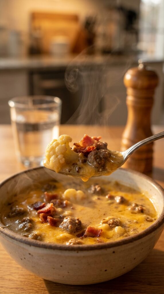 A close-up of a spoon lifting a hearty bite of hot, creamy cheeseburger soup with steam rising.