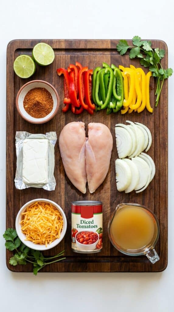 A flat lay showing raw chicken, sliced bell peppers, onions, fajita seasoning, cream cheese, cheddar cheese, diced tomatoes, and broth on a wooden board.