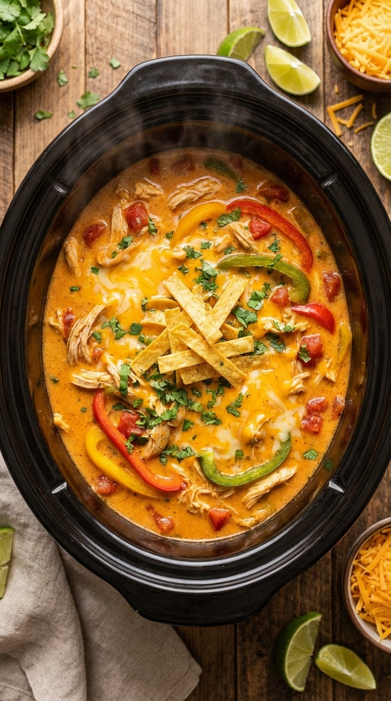 A top-down view of a slow cooker filled with creamy, cheesy chicken fajita soup loaded with colorful bell peppers, shredded chicken, and tortilla strips.