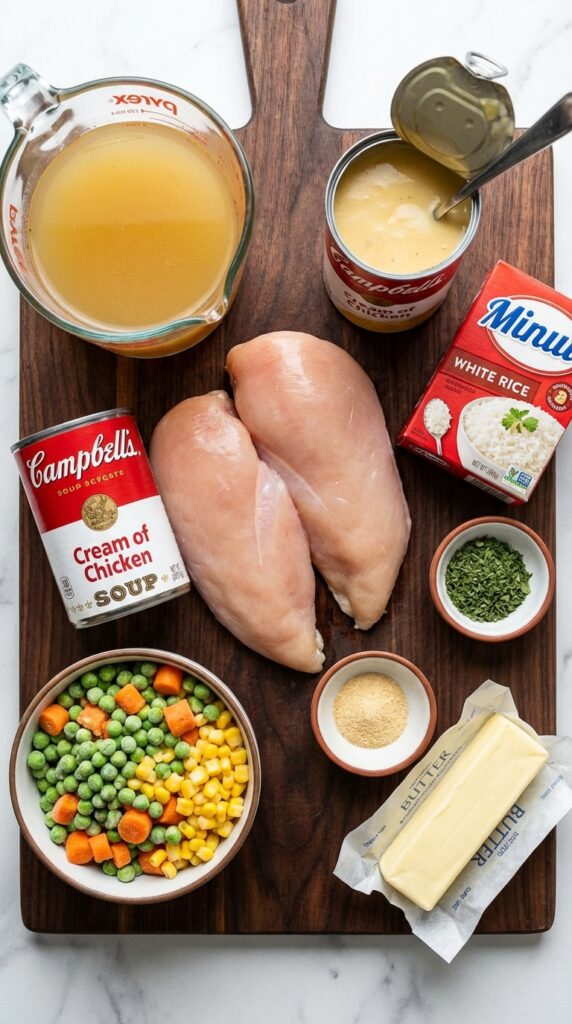 A flat lay showing raw chicken breasts, chicken broth, cream soup, instant rice, frozen mixed vegetables, butter, and seasonings on a wooden board.