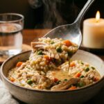 A close-up of a steaming spoonful of creamy chicken, rice, and vegetables being lifted from a ceramic bowl.