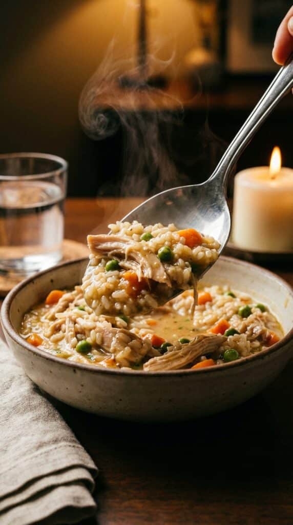 A close-up of a steaming spoonful of creamy chicken, rice, and vegetables being lifted from a ceramic bowl.