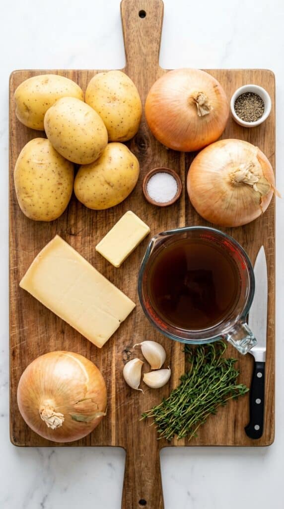 A flat lay showing Yukon gold potatoes, yellow onions, Gruyère cheese, beef broth, butter, garlic, and fresh thyme on a wooden board.