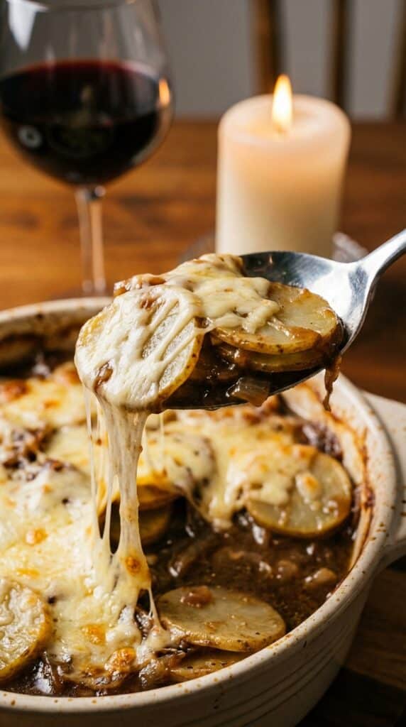 A close-up of a serving spoon lifting a scoop of French onion potato bake, showing a dramatic cheese pull and tender potato layers.