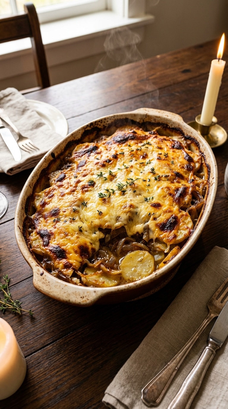 A baking dish filled with sliced potatoes and caramelized onions, topped with bubbly, golden-brown melted Gruyère cheese and fresh thyme.