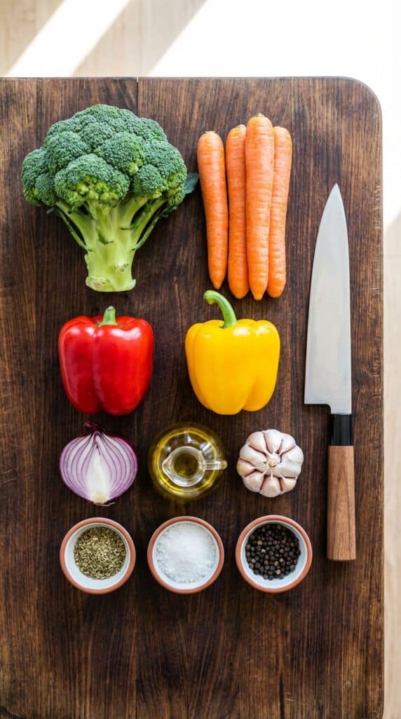 A flat lay showing raw broccoli, carrots, bell peppers, red onion, olive oil, garlic, and dried herbs on a dark wooden board.