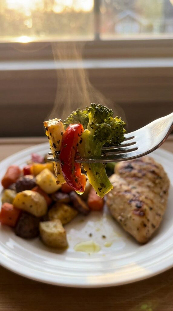 A close-up of a fork holding a bite of caramelized roasted broccoli and red bell pepper, with a plate of food in the blurred background.