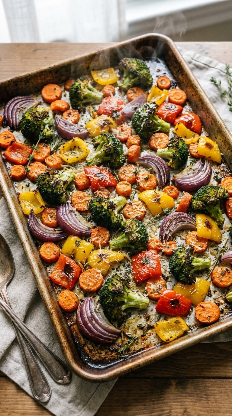 A rustic baking sheet filled with a colorful mix of roasted broccoli, carrots, bell peppers, and red onions with crispy caramelized edges.