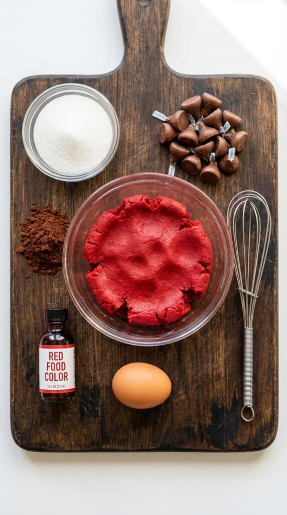 A flat lay showing red cookie dough, white sugar, unwrapped chocolate kisses, cocoa powder, food coloring, and an egg on a wooden board.