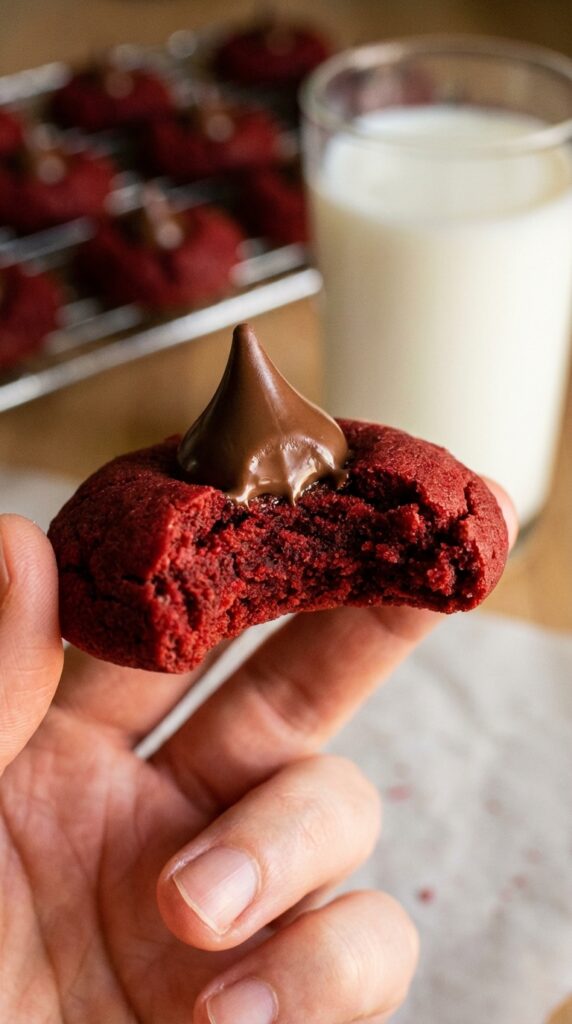 A close-up of a hand holding a red velvet blossom cookie with a bite taken out, showing the chewy center and chocolate kiss.