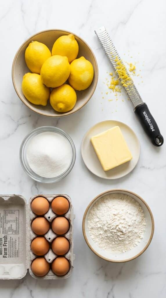 A flat lay showing fresh lemons, a zester, sugar, butter, eggs, and flour on a white marble board.