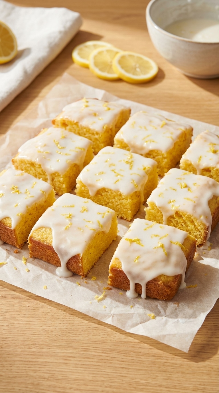 A batch of square lemon brownies with thick white icing and lemon zest sitting on parchment paper.