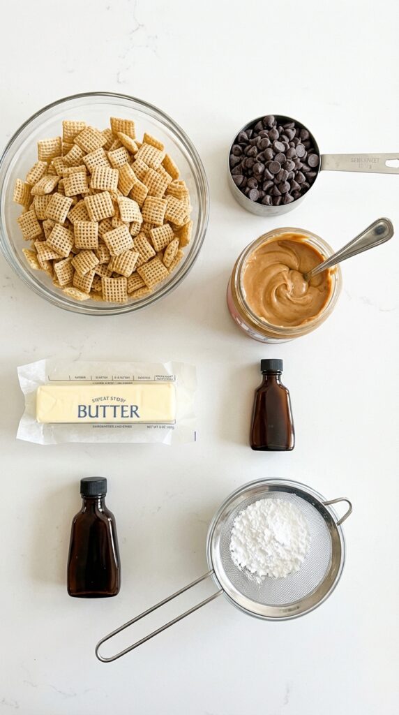 A flat lay showing dry square cereal, chocolate chips, creamy peanut butter, butter, vanilla, and powdered sugar on a white counter.