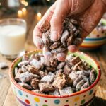 A close-up of a hand reaching into a bowl to grab a handful of powdered sugar-coated Puppy Chow, leaving sugar dust on the fingers.