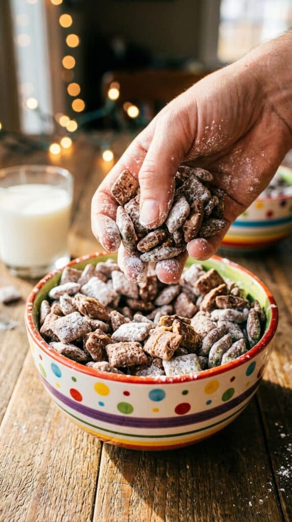 A close-up of a hand reaching into a bowl to grab a handful of powdered sugar-coated Puppy Chow, leaving sugar dust on the fingers.