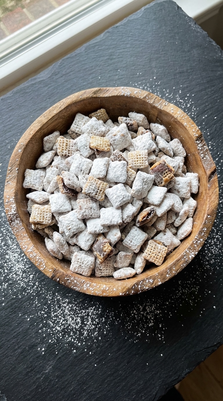 A wooden bowl overflowing with square cereal pieces heavily coated in chocolate, peanut butter, and white powdered sugar.