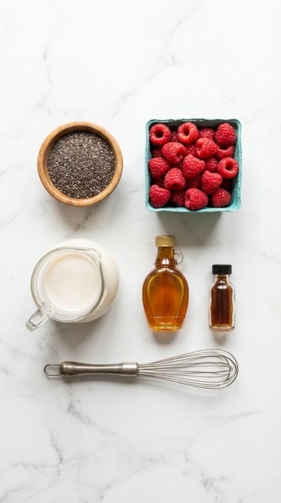 A flat lay showing dry chia seeds, fresh raspberries, almond milk, maple syrup, and vanilla on a white marble board.