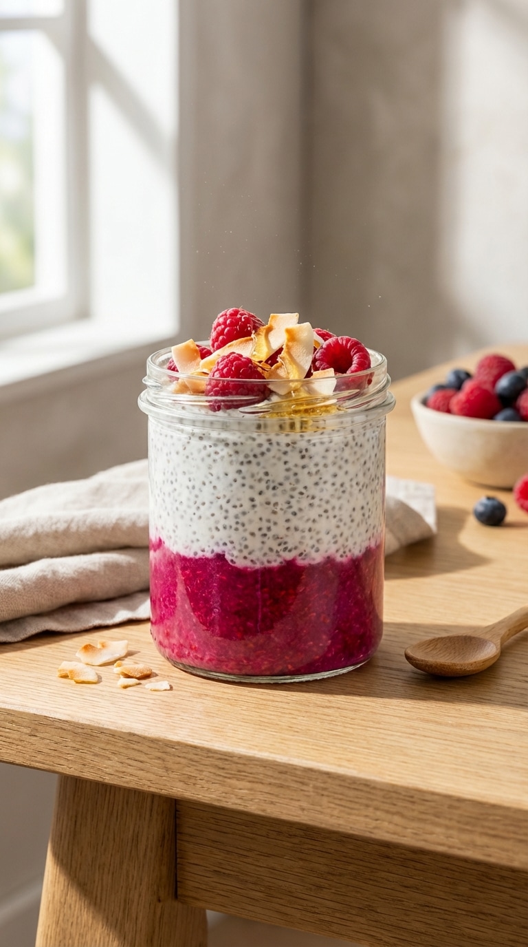 A glass jar showing layers of bright pink mashed raspberries and speckled white chia pudding, topped with fresh berries and coconut flakes.