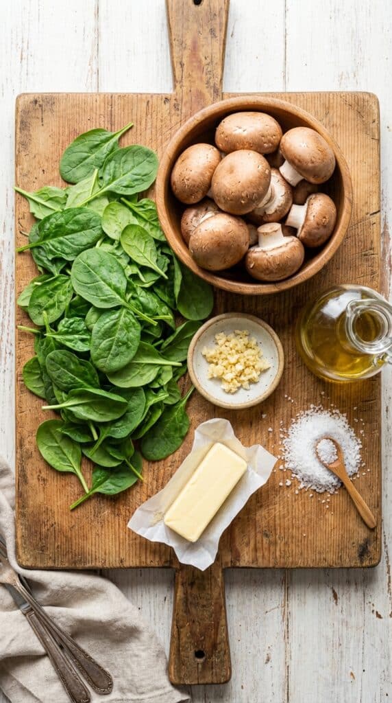 A flat lay showing a large pile of baby spinach, brown cremini mushrooms, garlic, butter, and olive oil on a wooden board.