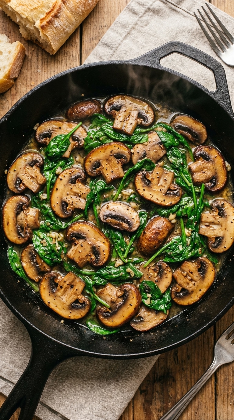 A top-down view inside a cast iron skillet filled with deeply browned sliced mushrooms and bright green wilted spinach in a garlic butter sauce.