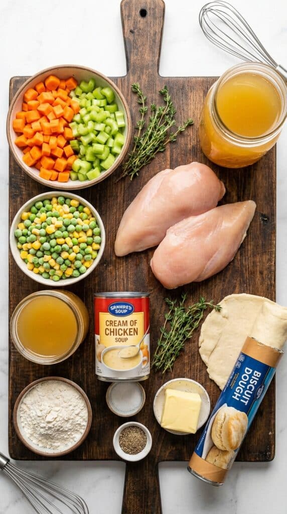 A flat lay showing raw chicken, diced carrots, celery, peas, corn, chicken broth, cream soup, and a tube of biscuit dough on a wooden board.