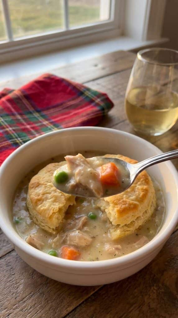 A close-up of a spoon lifting a bite of creamy chicken pot pie filling and a piece of flaky biscuit from a white bowl.