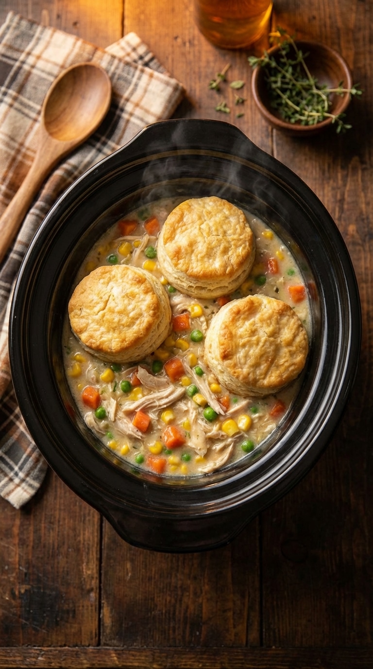 A top-down view inside a slow cooker filled with creamy chicken, carrots, and peas, topped with freshly baked flaky biscuits.