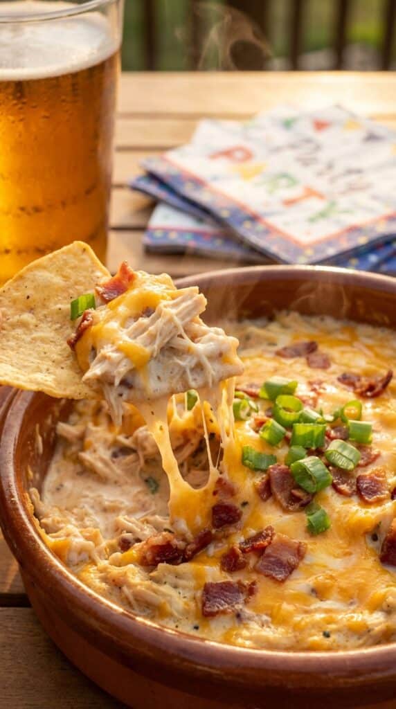 A close-up of a tortilla chip scooping up creamy, cheesy shredded chicken and bacon dip, creating a gooey cheese pull.