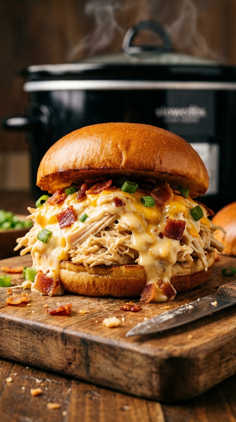A close-up of a toasted brioche bun piled high with creamy, shredded crack chicken topped with bacon and green onions.
