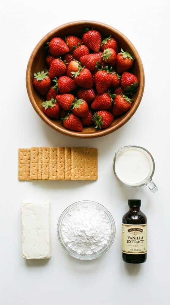 A flat lay showing fresh strawberries, graham crackers, heavy cream, cream cheese, powdered sugar, and vanilla on a white board.