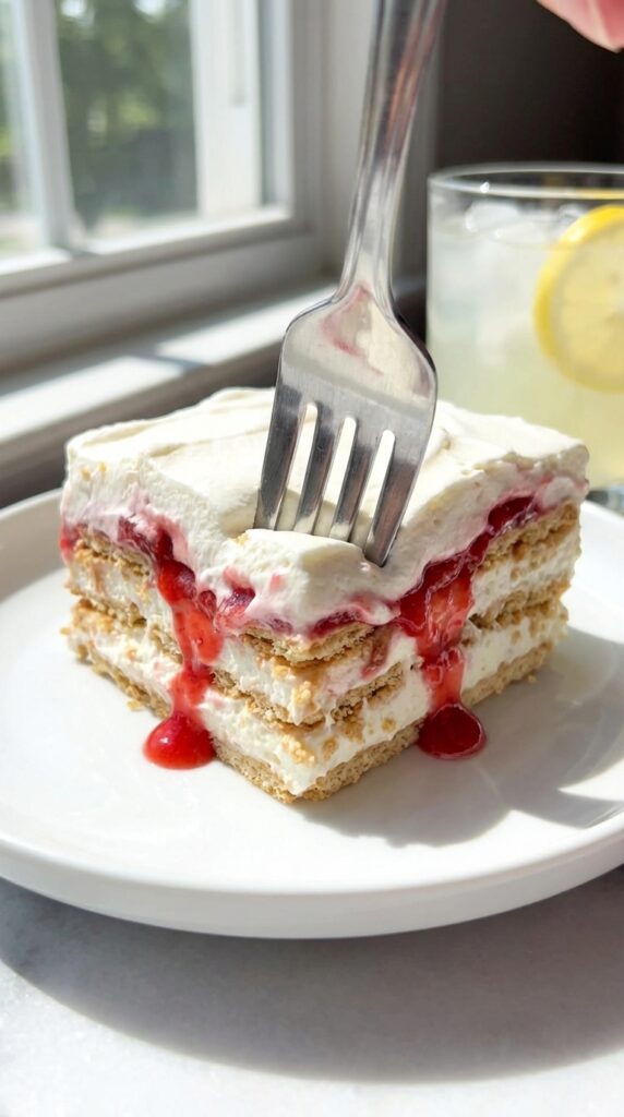 A close-up of a fork effortlessly cutting through a slice of layered strawberry icebox cake, showing the soft texture.