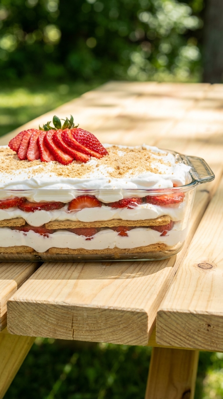 A side-view of a glass baking dish showing distinct layers of graham crackers, whipped cream, and sliced strawberries.