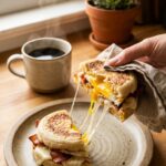 A close-up of a hand lifting an English muffin breakfast pizza with a long string of melted cheese stretching from it, with coffee in the background.