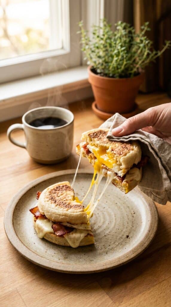 A close-up of a hand lifting an English muffin breakfast pizza with a long string of melted cheese stretching from it, with coffee in the background.
