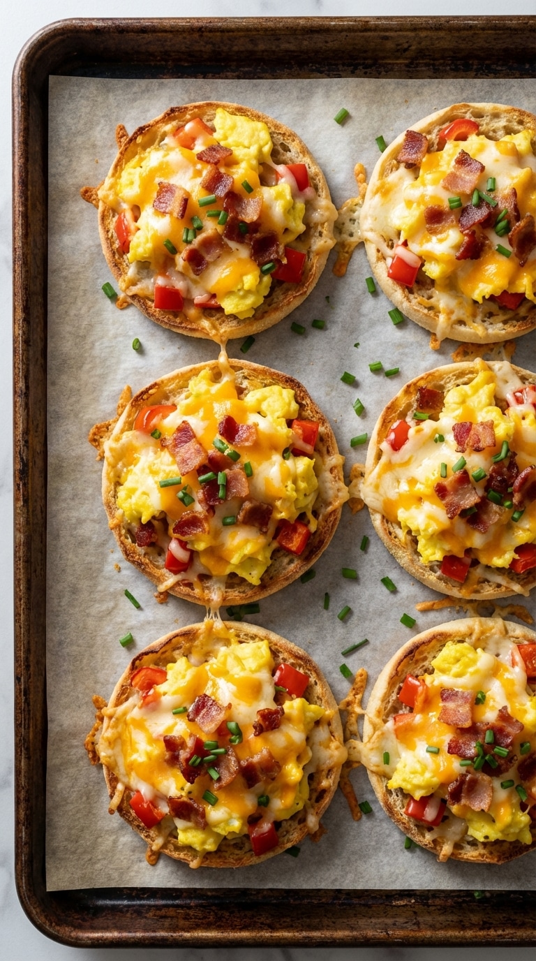 A baking sheet filled with six English muffin breakfast pizzas topped with eggs, bacon, peppers, and melted cheese.