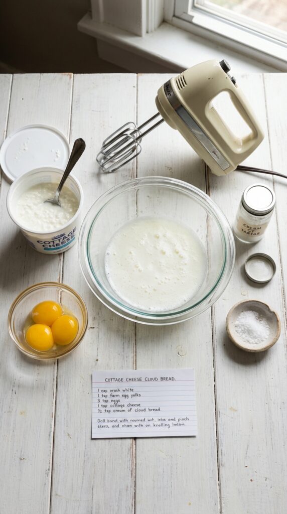 A flat lay showing a tub of cottage cheese, separated egg yolks and whites, cream of tartar, and an electric mixer on a white board.