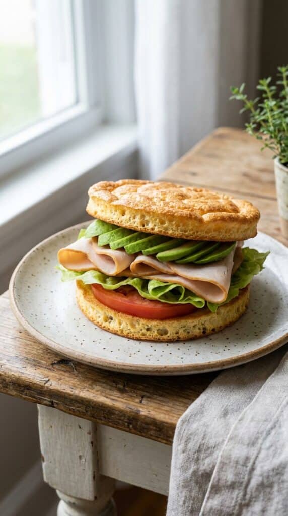 A close-up of a turkey, avocado, and lettuce sandwich using golden cottage cheese cloud bread instead of traditional buns.