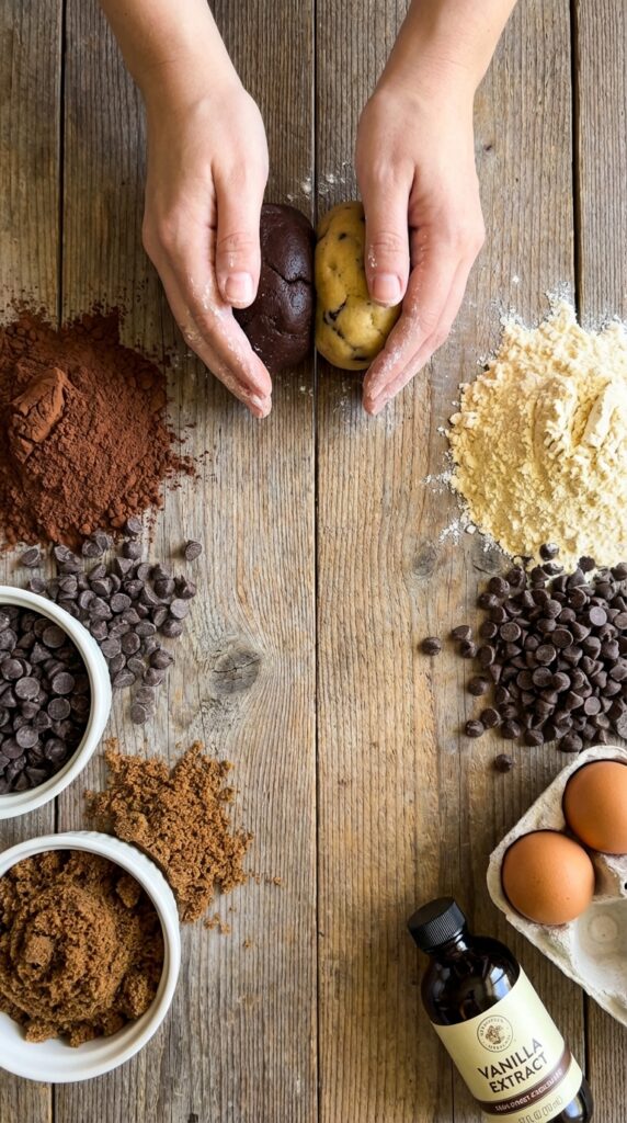 A flat lay showing cocoa powder and dark chocolate on one side, and flour, eggs, and vanilla on the other, with hands pressing the two raw doughs together in the center.