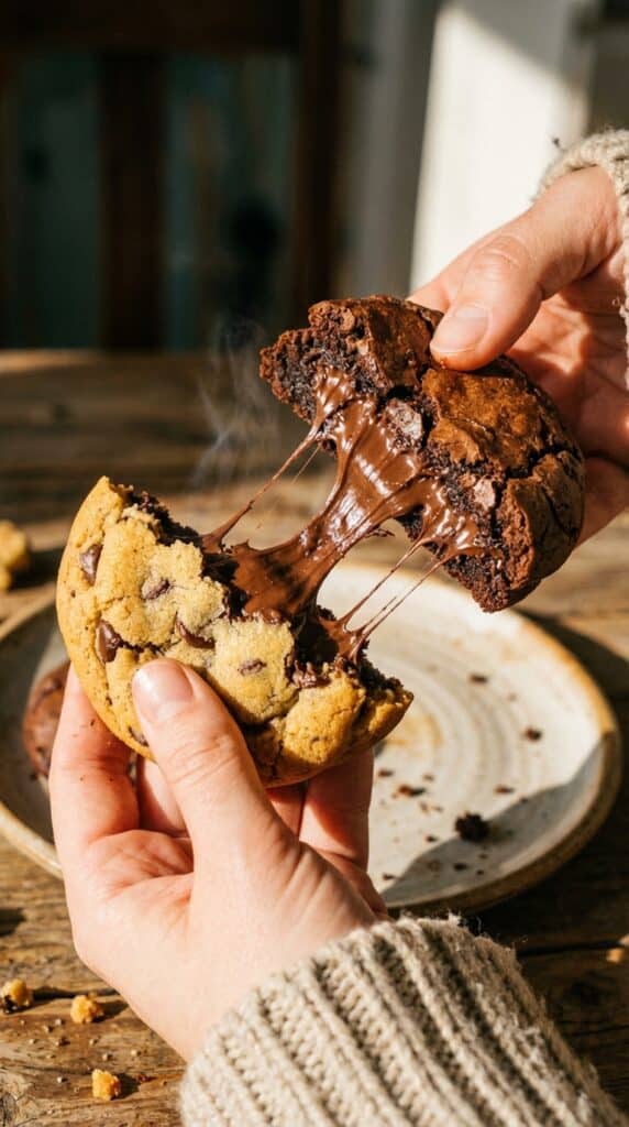 Two hands pulling apart a warm brookie, showing the gooey, melted chocolate stretching between the brownie and cookie halves.