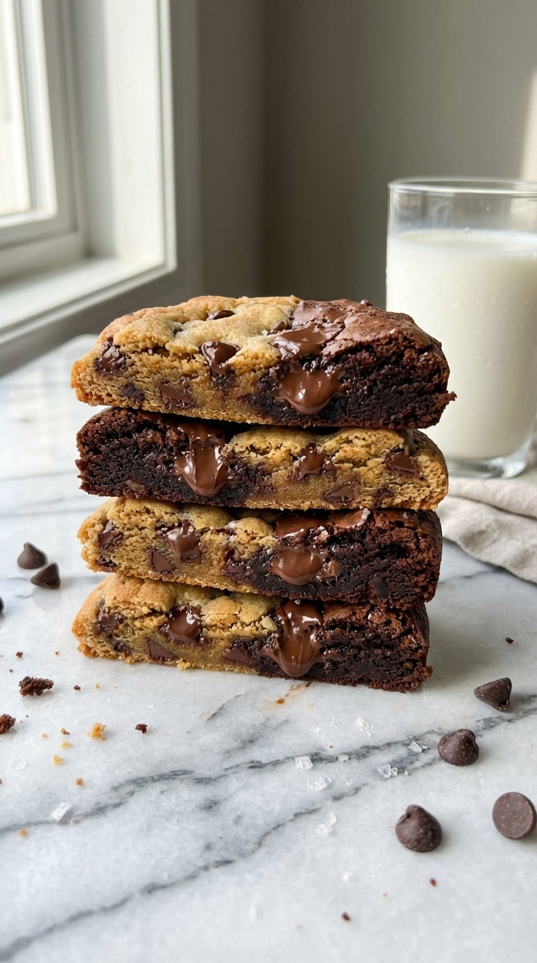A stack of thick brookies showing half golden chocolate chip cookie and half dark fudgy brownie, with a glass of milk in the background.