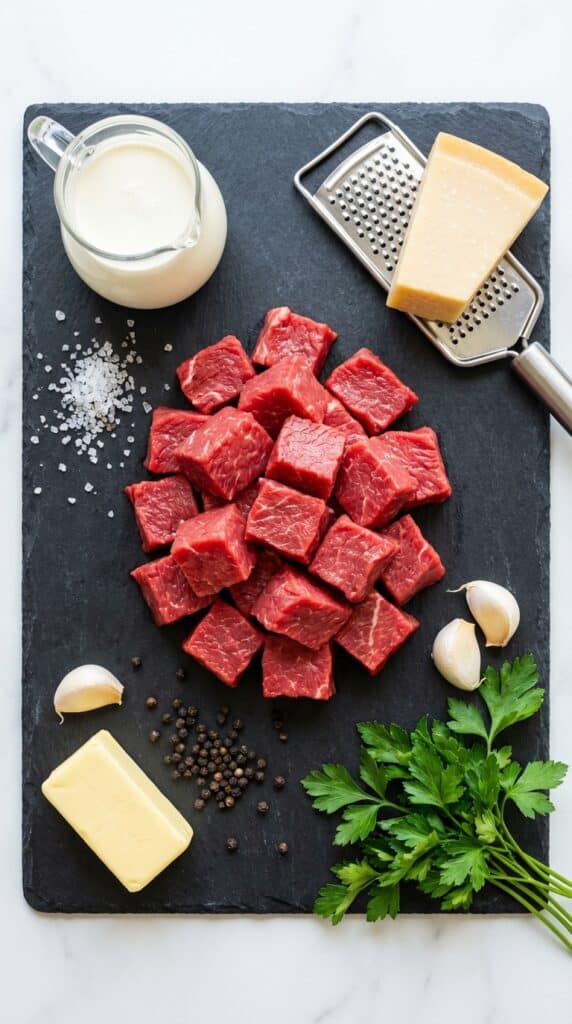 A flat lay showing raw cubed steak, heavy cream, parmesan cheese, butter, garlic, and parsley on a dark slate board.
