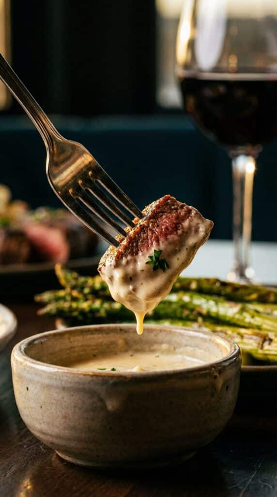 A close-up of a fork lifting a seared steak bite dripping with creamy parmesan sauce, with roasted asparagus in the background.