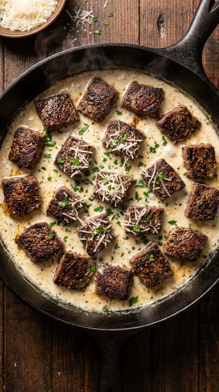 A top-down view inside a cast iron skillet filled with seared steak bites swimming in a creamy garlic parmesan sauce, garnished with parsley.