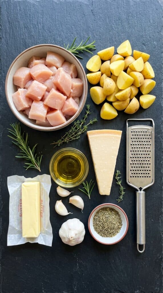A flat lay showing cubed raw chicken, baby potatoes, a block of parmesan cheese, garlic cloves, butter, and herbs on a dark slate board.
