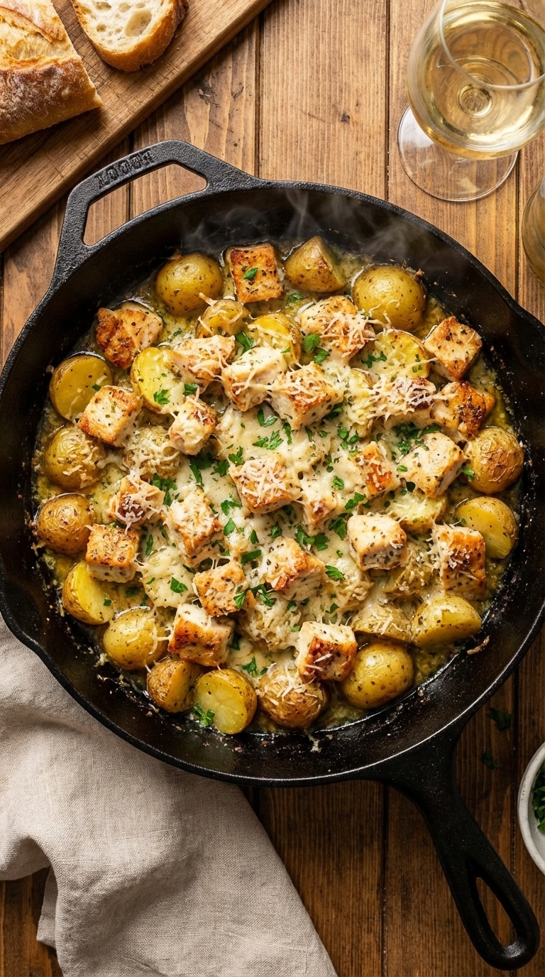 A top-down view of a cast-iron skillet filled with crispy golden chicken bites and roasted potatoes, coated in garlic butter, parmesan, and parsley.