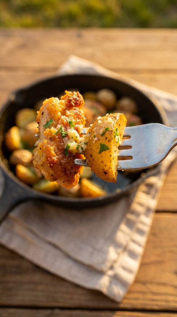 A close-up of a fork holding a piece of golden-brown garlic parmesan chicken and a roasted potato with the skillet in the background.
