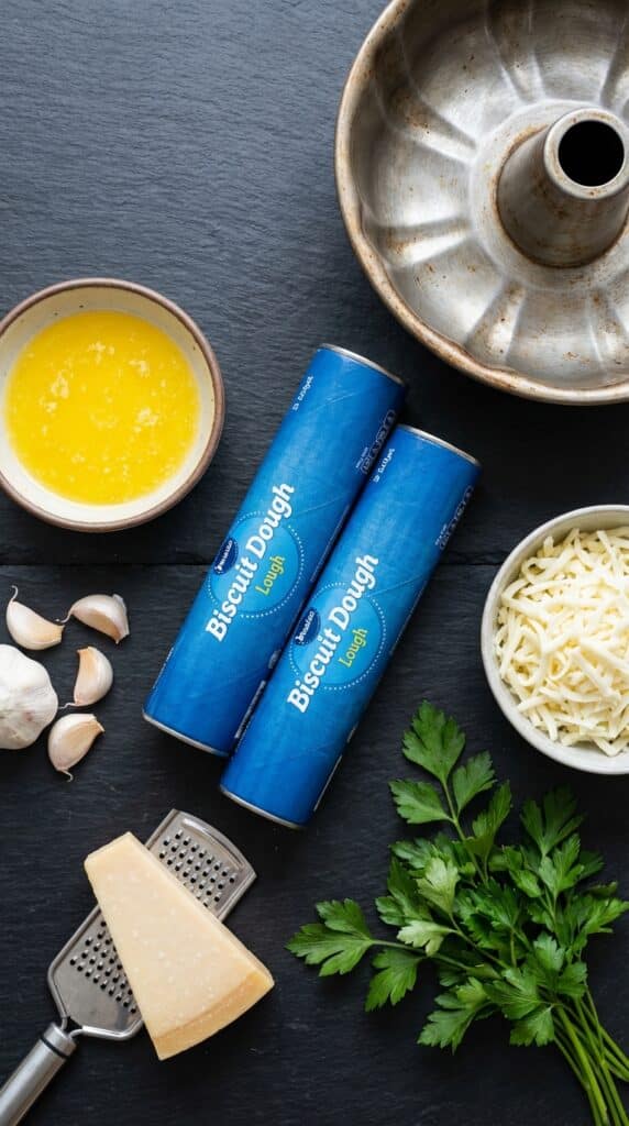 A flat lay showing tubes of biscuit dough, melted butter, garlic, parmesan, mozzarella, fresh parsley, and a bundt pan on a dark slate board.